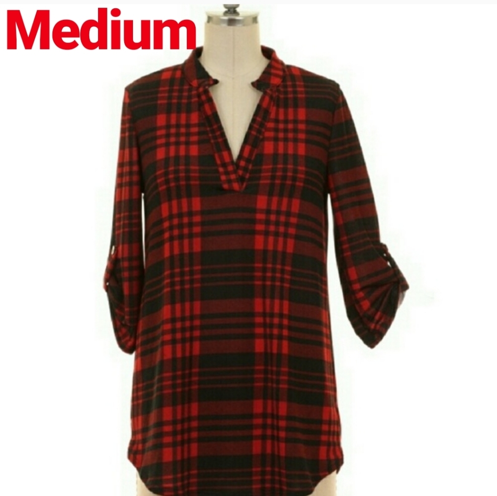 Burgundy Plaid Roll Sleeve Blouse